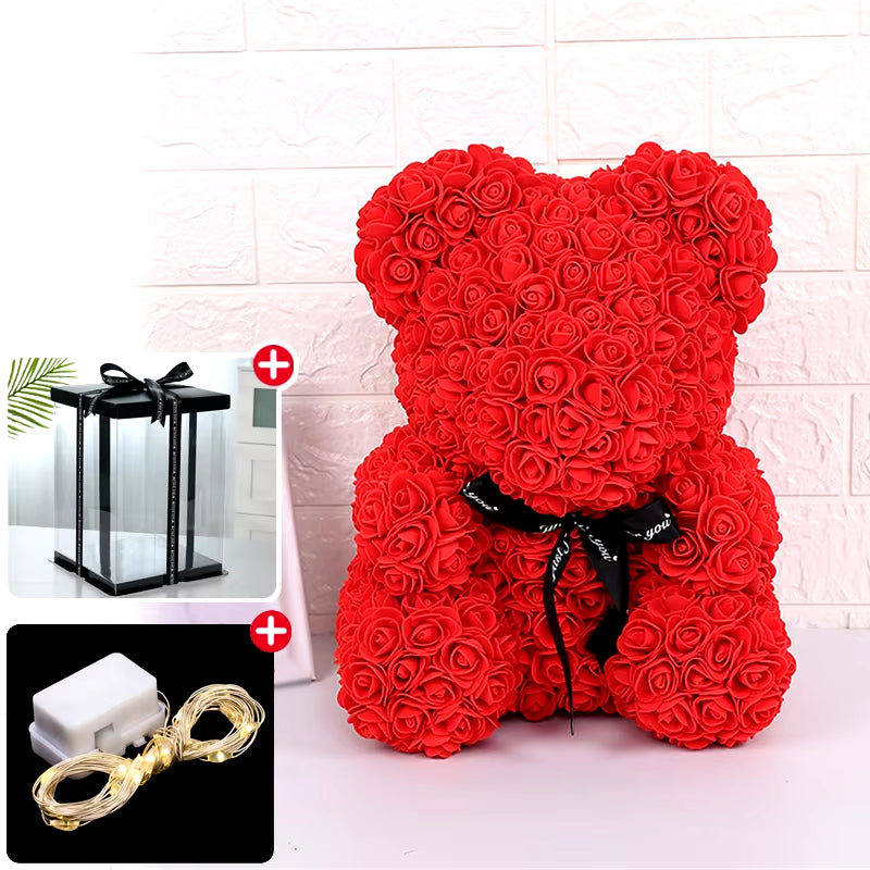 Valentine Gifts Decoration Rose Bear Artificial Flower with Box Lights Teddy Bear for Women Girlfriend Birthday Gift Love Flower