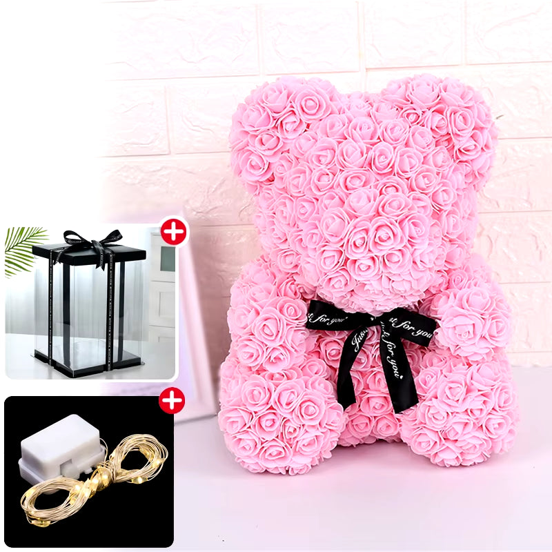 Valentine Gifts Decoration Rose Bear Artificial Flower with Box Lights Teddy Bear for Women Girlfriend Birthday Gift Love Flower