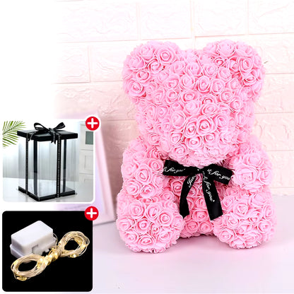 Valentine Gifts Decoration Rose Bear Artificial Flower with Box Lights Teddy Bear for Women Girlfriend Birthday Gift Love Flower