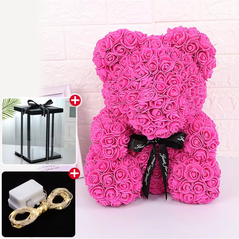 Valentine Gifts Decoration Rose Bear Artificial Flower with Box Lights Teddy Bear for Women Girlfriend Birthday Gift Love Flower