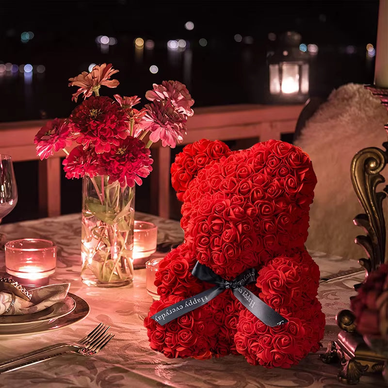 Valentine Gifts Decoration Rose Bear Artificial Flower with Box Lights Teddy Bear for Women Girlfriend Birthday Gift Love Flower