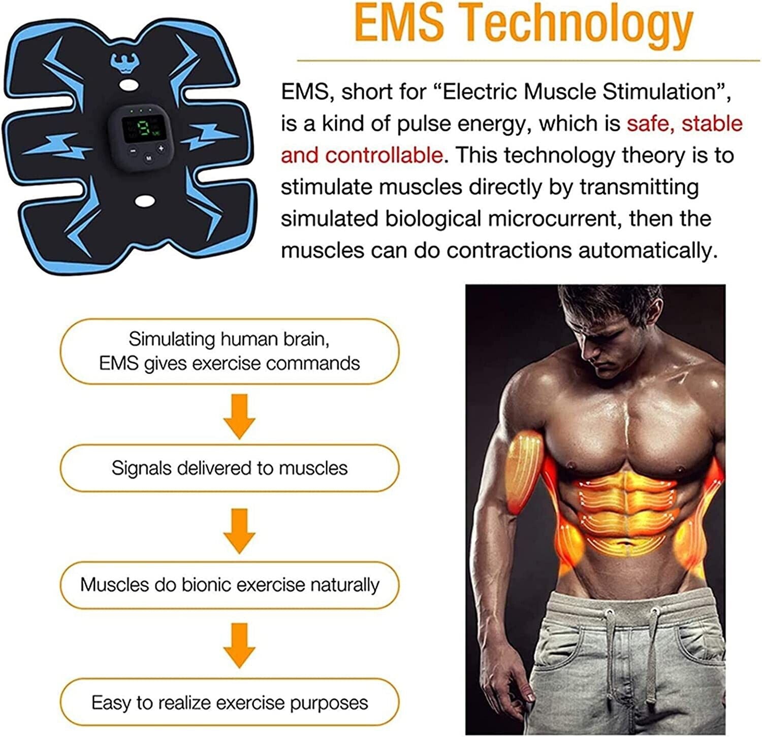 Rechargeable EMS Abdominal Muscle Stimulator ABS Trainer Toner Fitness Belt