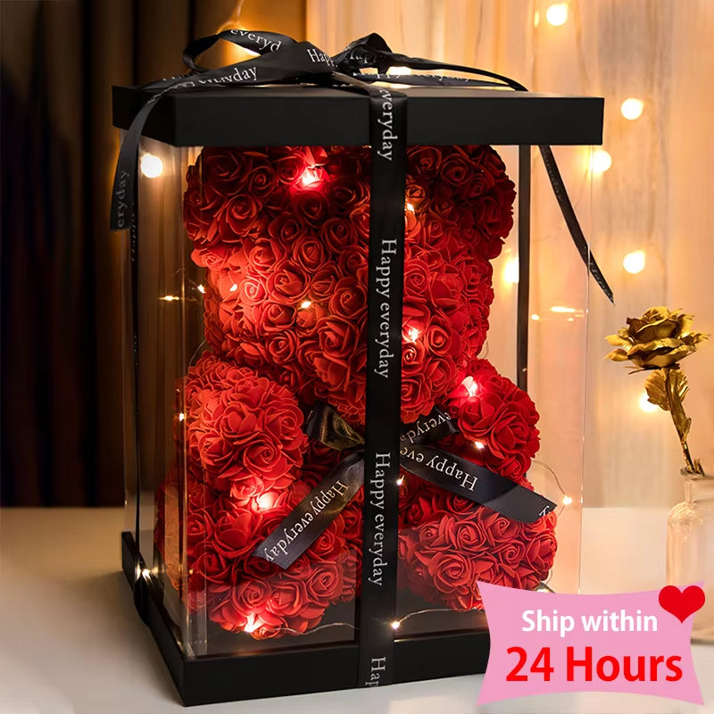 Valentine Gifts Decoration Rose Bear Artificial Flower with Box Lights Teddy Bear for Women Girlfriend Birthday Gift Love Flower