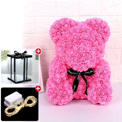 Valentine Gifts Decoration Rose Bear Artificial Flower with Box Lights Teddy Bear for Women Girlfriend Birthday Gift Love Flower