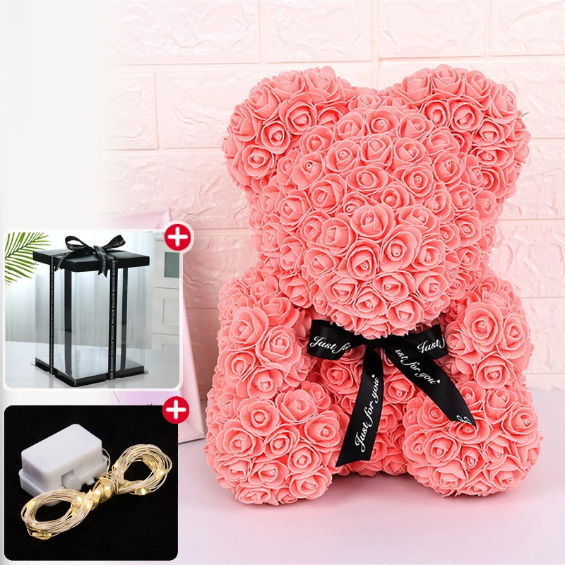 Valentine Gifts Decoration Rose Bear Artificial Flower with Box Lights Teddy Bear for Women Girlfriend Birthday Gift Love Flower