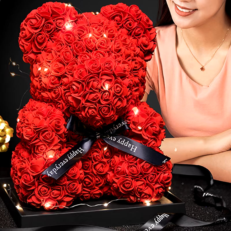 Valentine Gifts Decoration Rose Bear Artificial Flower with Box Lights Teddy Bear for Women Girlfriend Birthday Gift Love Flower